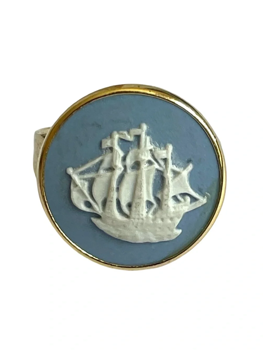 Mid-Century Wedgwood Blue Jasperware Cameo Style Adjustable Ring